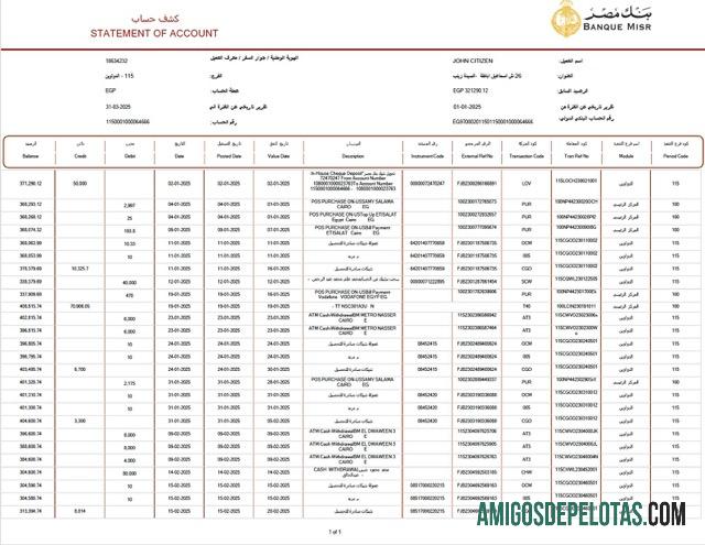 em branco Egito Banque Misr Extrato de conta modelo Word e PDF